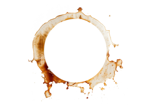 brown coffee cup stain splash in round frame shape isolated on white or transparent png