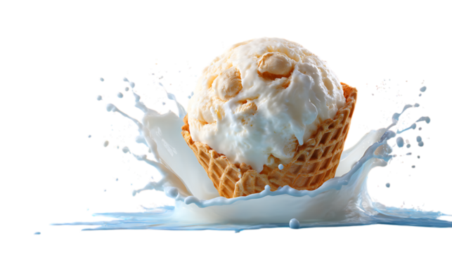 Ice cream with a milk splash, close up.