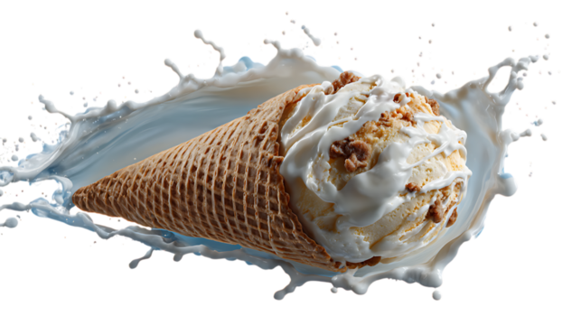 Ice cream with a milk splash, close up.