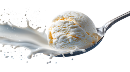 A large scoop of vanilla ice cream with swirls and splashes, surrounded by splashes of milk.