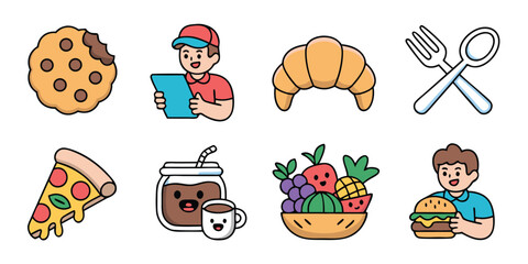 Fototapeta premium Cartoon Food Delivery Icons Cookie, Croissant, Pizza, Drink, Fruit Bowl, Burger, and Courier