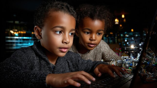 Kids coding at school laptops