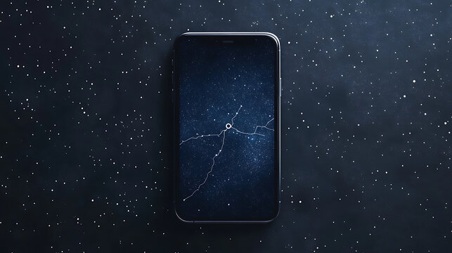 frameless iPhone mockup placed on starry sky backdrop, screen glowing with dark mode map UI.