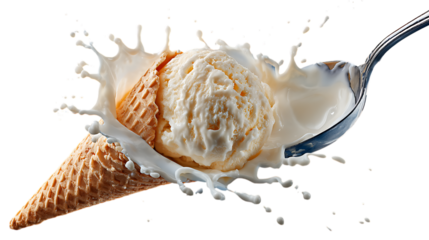 Ice cream with a milk splash, close up.