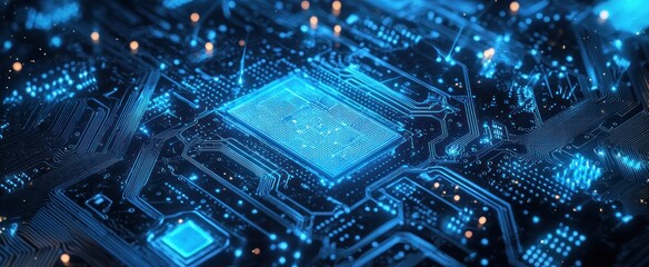 Abstract AI circuit board background. Technology connected blue lines with electronics elements on tech bg. Computer motherboard with a chip, processor, and semiconductor. Digital illustration
