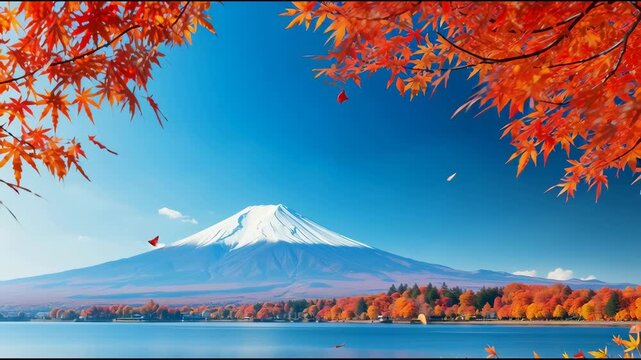 Time lapse of snowy mountain with autumn leaves foreground and clear blue sky. Stunning seasonal landscape transition showcasing fall foliage and mountain serenity for nature and travel content.
