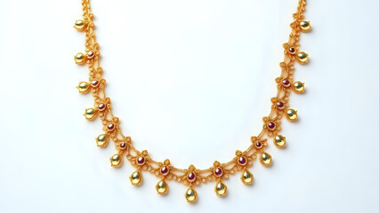 Obraz premium A delicate gold necklace with ruby accents and small gold pendants on a white background display of jewelry