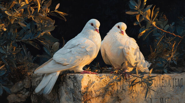 Pair of white doves resting on stone ledge among olive branches - Powered by Adobe