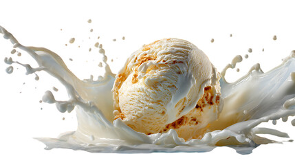 A large scoop of vanilla ice cream with swirls and splashes, surrounded by splashes of milk.