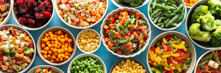 A variety of fresh vegetables frozen for winter, arranged on plates against a cool blue background, showcasing vibrant, seasonal produce ready for future meals, banner