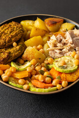 This hearty breakfast showcases a plate filled with baked sweet potatoes, carrots, zucchini, lentil cutlets, chicken breast