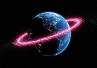 Glowing pink ring encircles planet earth in deep space with stars