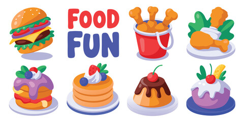Cartoon Food Illustration Burger, Fried Chicken, Pancakes, Puddings and Food Fun Text