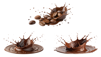 chocolate splash collection, liquid chocolate splash with coffee beans isolated on transparent background