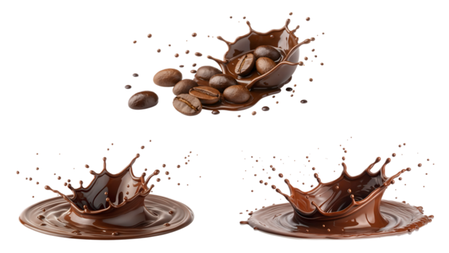 chocolate splash collection, liquid chocolate splash with coffee beans isolated on transparent background