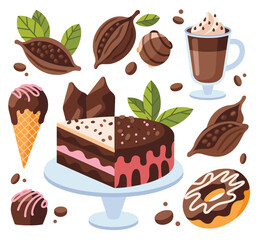 Chocolate desserts and cocoa pods flat cartoon illustration with white background food sweet
