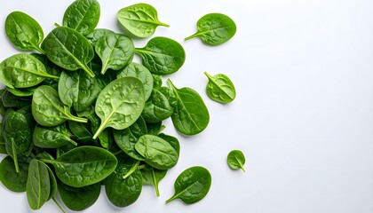 Fototapeta premium Fresh spinach leaves scattered on a clean white background.
