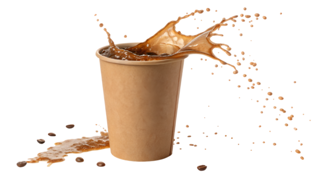 paper coffee up with coffee splash isolated on transparent background