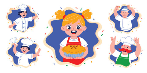 Fototapeta premium Cartoon Illustration Little Girl Holding Pie Surrounded by Happy Chefs in Uniforms and Hats