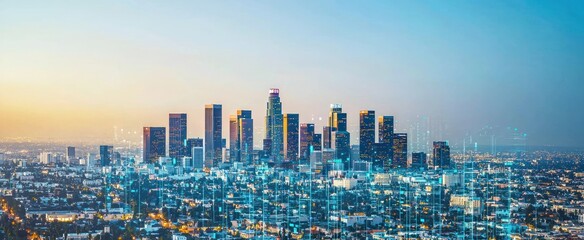 Obraz premium Panorama cityscape of Los Angeles downtown at day time, California, USA. Skyscrapers of LA city. Glowing forex graph hologram. The concept of internet trading, brokerage and fundamental analysis