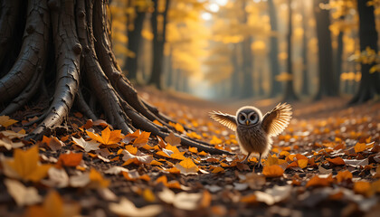 Ai generated image of a charming owl stands amidst fallen leaves in a sundrenched autumn forest, its wings gently outstretched, creating a picturesque scene of natures beauty