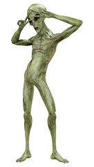 3D Rendering Green Alien on White