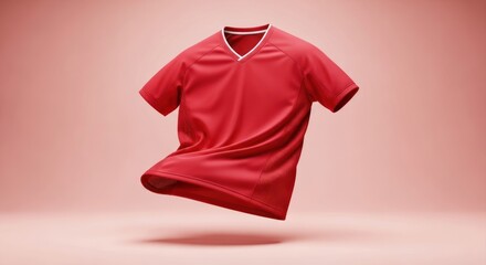 Crimson V-Neck Performance Jersey in Dynamic Motion Against a Soft Pink Backdrop.