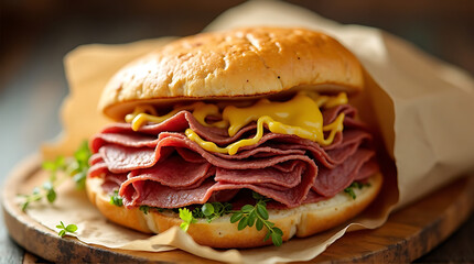Delicious Corned Beef Sandwich with Mustard and Fresh Herbs Close-Up
