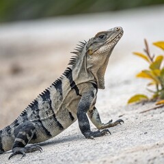 Obraz premium A wildlife photograph of a black spiny-tailed iguana in its natural habitat. The iguana exhibits a camouflage pattern of dark gray and black markings across its body, with noticeable sharp spines