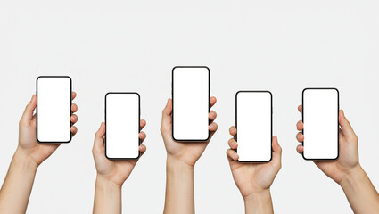Hands Holding Smartphones Mockup with Blank Screens on Isolated Background