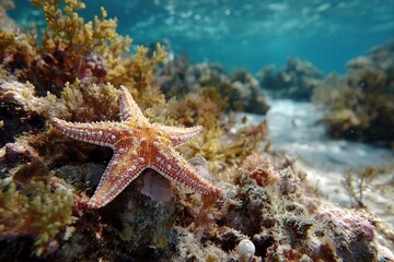 A sea urchin resting on a rock underwater with blue water and other rocks in the background view