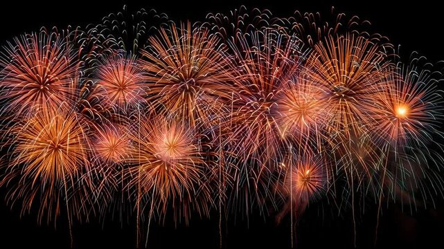 Vibrant colorful fireworks explode in the night sky, creating a festive and celebratory atmosphere. Perfect for holiday, New Year, or celebration-themed stock video and event promotion.
