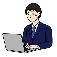 困った表情の男性　パソコン作業中