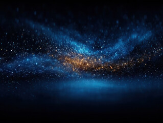 Obraz premium Mesmerizing deep night sky gradient with luminous blue and golden particles creating cosmic, ethereal atmosphere