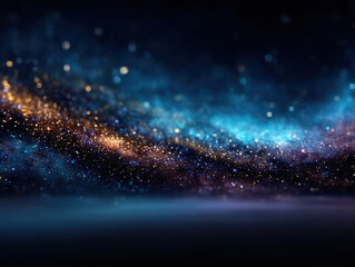 Mesmerizing deep night sky gradient with blend of blue, gold, and black hues, filled with sparkling stars and cosmic dust