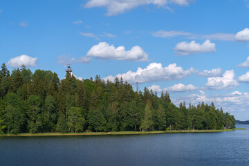 view from Aluksne Pilssala to the forest with an observation tower © talavietis