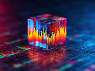 Transparent crystal cube with vibrant bar graph data inside, placed glowing digital surface, symbolizing analytics