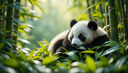 Ai generated image of a giant panda peacefully rests among lush green bamboo stalks and leaves in its natural habitat, bathed in soft sunlight