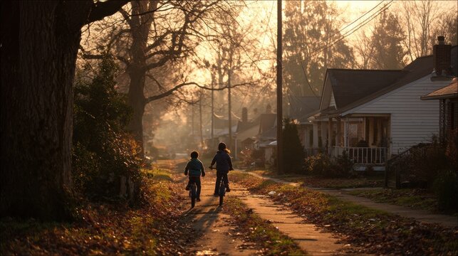 Kids cycling to school in the morning