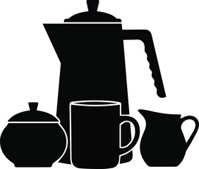 Isolated a kinds of deferent tea, coffee, pot, drink, cup,  silhouette with white background.
