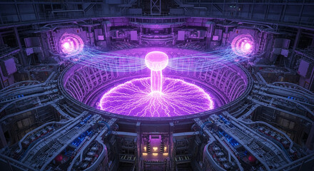 Aerial view of a futuristic reactor core, showcasing vibrant purple energy arcs and complex machinery, representing technological advancement and scientific innovation