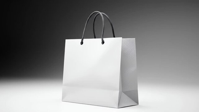 Isolated White Paper Shopping Bag with Black Rope Handles on Gradient Background