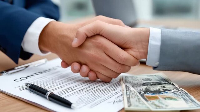 Deal Agreement in Action: A focused image captures a handshake between two individuals, symbolizing the finalization of a deal alongside a contract and cash.