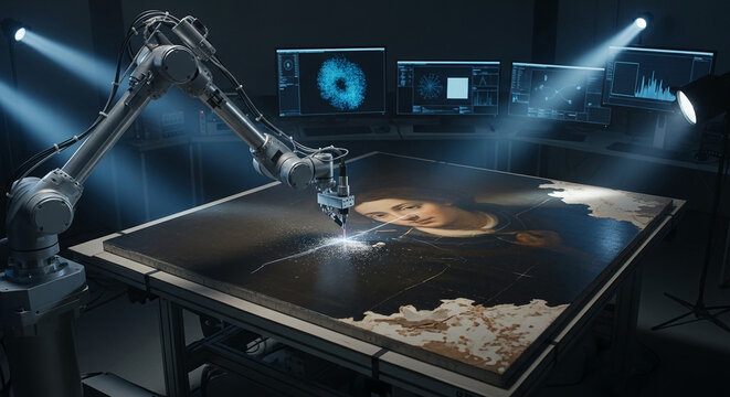 Robotic arm meticulously restoring a damaged painting on a table, showcasing advanced art restoration technology, a blend of artistry and innovation