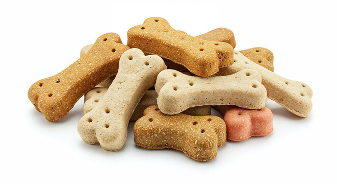 Assorted dog treats shaped like bones and hearts, natural ingredients, soft shadow, white background
