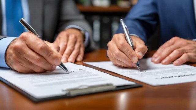 Signing the Agreement: A close-up shot of two hands elegantly penning their names on a formal agreement, the crisp paper inviting scrutiny, signifying a moment of trust, legal bond, and solemnity.