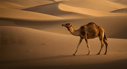 Camel Walking Across Sandy Desert Landscape