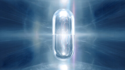 Futuristic translucent capsule floating against a blue medical backdrop with light refraction.
