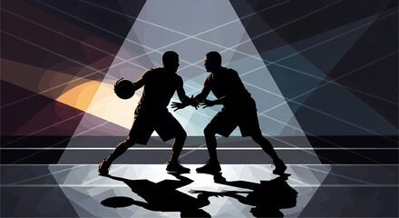 Dynamic silhouette illustration captures the intense rivalry of two basketball players facing off under bright court lights emphasizing the energy of competitive play