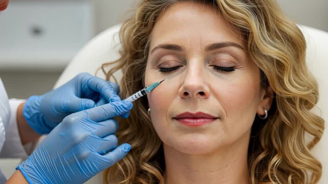 Aesthetic procedure sequence: woman receiving facial injection by gloved professional